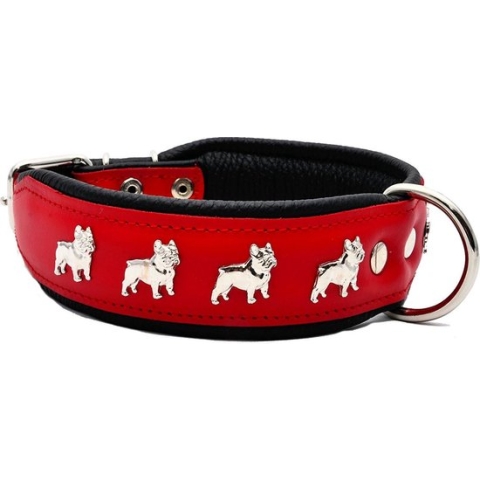 Dog's Companion - Leren halsband Franse Bulldog - Lengte: 50cm (40-47cmx40 mm), Kleur: Rood / Zwart