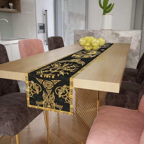 Katoenen Linnen Tafelloper Rechthoekige Viking Wolf Odin Raaf Boom Salontafel Eettafel Slaapkamer Feestdag (33 x 183 cm, Goud)