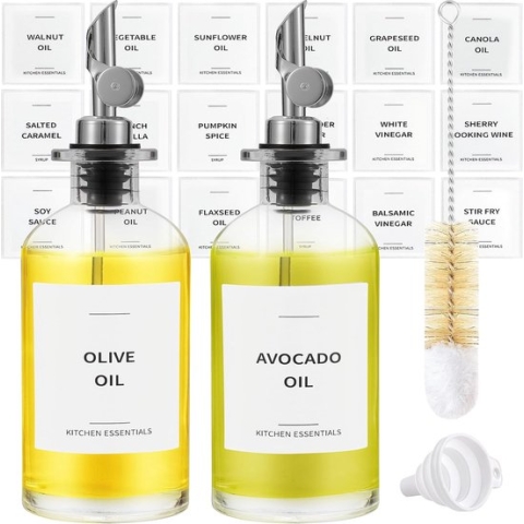 Olijfolie dispenser fles voor keuken, koffie siroop dispenser - elegante olijfolie flessen voor keuken - glazen bakolie dispenser, container cruet met schenktuit - set van 2 stuks, zilver
