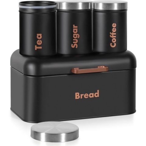 Broodtrommel, retro broodtrommel scharnierend deksel, broodopbergdoos broodtrommel, 1 brooddoos met set van 3 opbergdozen voor koffiedoos, suikerdoos of theedoos, grote metalen knäckebröd broodtrommel, Zwart