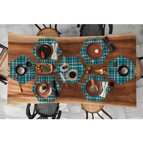 Placemats hexagon - Onderleggers placemats - Placemat zeshoek - Plaid - Schotse ruit - Patronen - Blauw - Roze - 8 stuks