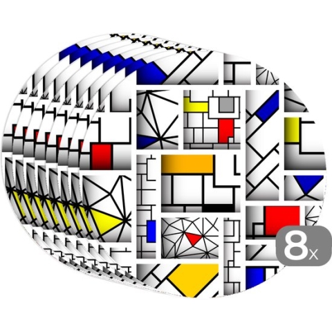 Ronde placemats - Onderlegger - Placemats rond - Mondriaan - Vormen - Design - Patroon - 8 stuks