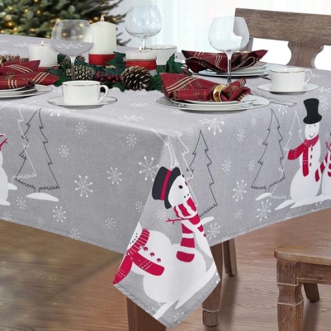 Kersttafelkleed, grijs, afwasbaar, vuilafstotend, waterdicht, lotuseffect, tafelbescherming, sneeuwpop, tafelbescherming, tafeldecoratie voor keuken, feestdag, picknick, feest, 152 x 213 cm