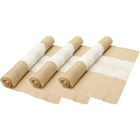 Chaks Jute tafelloper - 3x - met wit kant - 60 x 300 cm - extra breed - Tafeldecoratie versieringen