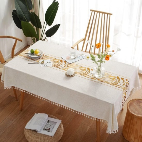 Vierkant tafelkleed wasbaar katoenen linnen tafelkleed anti-rimpel kwastje ontwerp stof tafelkleed voor keuken, eetkamer, buiten tuin tafelblad. (55 x 55 inch)