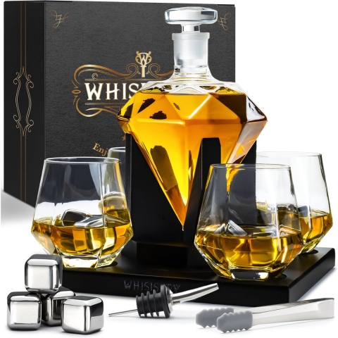 Whisiskey Whiskey Karaf - Diamant - Luxe Whisky Karaf Set - Whiskey Set - 0,9 L - Decanteer Karaf - Incl. Whiskey Stones, Schenktuit en 4 Whiskey Glazen - Peaky Blinders