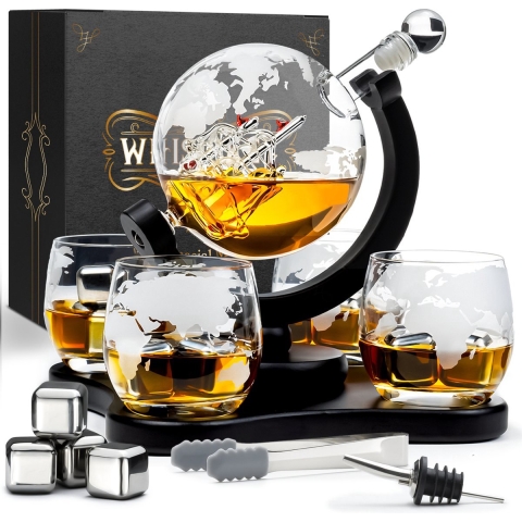Whisiskey Whiskey Karaf - Wereldbol - Whisky Karaf Set - Whiskey Set - 0,9 L - Decanteer Karaf - Incl. 4 RVS Whiskey Stones, Schenktuit en 4 Whiskey Glazen - Peaky Blinders - Cadeau