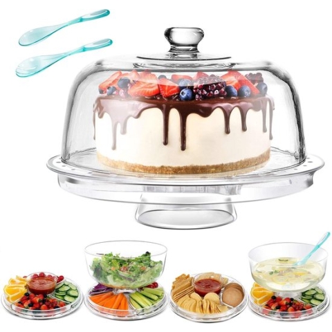 Cake Plate, 6 in 1 Multifunctionele Taartstandaard, Taartplateau met Voet en Deksel, Taartstolp met Deksel 31 cm, Taartbel voor de Keuken Stuur 2 Saladelepels.
