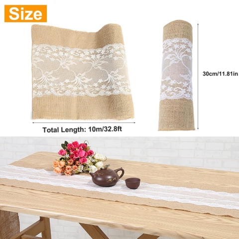 Tafelloper, jute, 10 m x 30 cm, jute tafelloper met kant, natuurlijk linnen, jute, tafelloper, tafeldecoratie, bruiloft, vintage, rustiek, voor feesten, evenementen, tafeldecoratie
