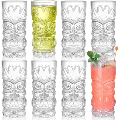 8-pack plastic Tiki-bekers van 500 ml, heldere Tiki-glazen, moderne bar-Tiki-beker, Hawaiiaanse feestdrinkbekers voor cocktails, limonade, gemengde dranken, picknick, restaurantbenodigdheden