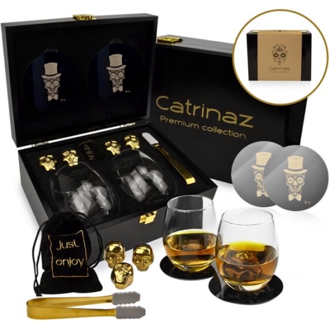 Catrinaz® - Luxe Whiskey set - Tequila set - Skull design - Incl. 2 tumblers 350ml - 4 goudkleurige RVS whiskey stenen - 2 onderleggers - Fluwelen opbergzak - ijstang - Luxe geschenkdoos - Uniek cadeau + E-BOOK - Cadeau voor man