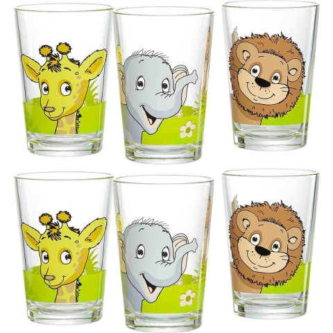 Kinderglazen jungledieren, set van 6, 205 ml, bedrukte kinderbekers met diermotieven, vaatwasmachinebestendig