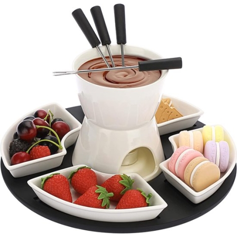 Keramische chocoladefonduepannenset met houten palet 4 vorken 4 borden Chocoladefondueset Kaasfondue voor chocolade Kaasfondue Familiediner Dessert Picknicks Verjaardagsfeestjes Vakantiefeesten