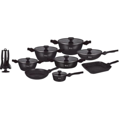 Royal Swiss® - Set Lot 33-delige - Pannenset inductie  - Steengoeden - Afneembare Handgreep - Glazen deksel - Geschikt voor oven - PFAS-vrij + Keukengerei