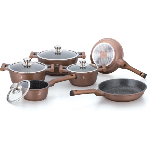 Herenthal Inductie Pannenset- Luxe 10-delige Koekenpannenset -  Voor alle warmtebronnen - Met Glazen Deksels - Koper