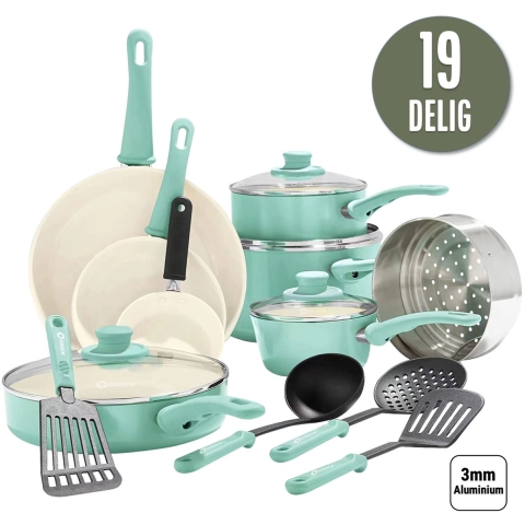 COOCK 19-Delige Pannenset - Speciale Anti-Aanbak Coating - Ergonomische Handgrepen - Gerecycled Aluminium- Turquoise (Groen) - Inclusief Onderzetters en E-book