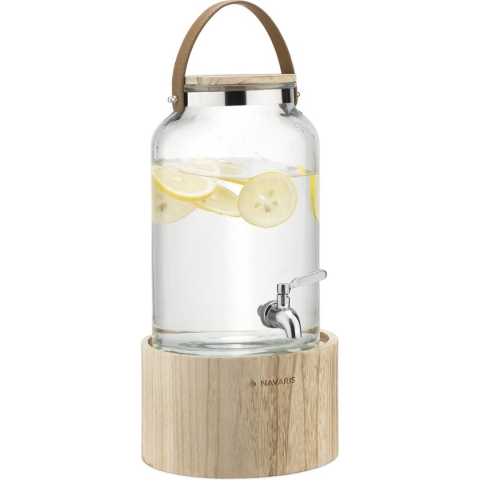 Navaris glazen limonadetap met kraantje - 5L - Drankdispenser met houten standaard - Sapdispenser met deksel van kurk - Voor koude of warme dranken