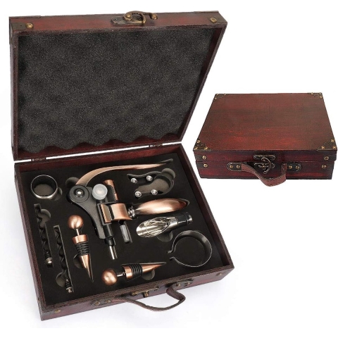 Antieke houten doos wijn accessoires gift set, konijn wijn opener, wijn kurkentrekker wijn stopper en wijn tuit set (antiek 01)