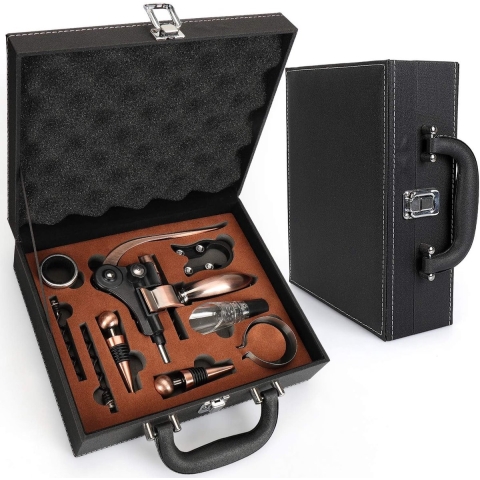 Antieke houten doos wijn accessoires gift set, konijn wijn opener, wijn kurkentrekker wijn stopper en wijn tuit set (zwart 01)