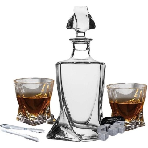 MikaMax Twisted Whiskey Karaf - Whiskey Decanter - Whiskey Set - Incl. 2 Whiskey Glazen en Whisky Stones - Inhoud 1L - Uniek Design Decanter