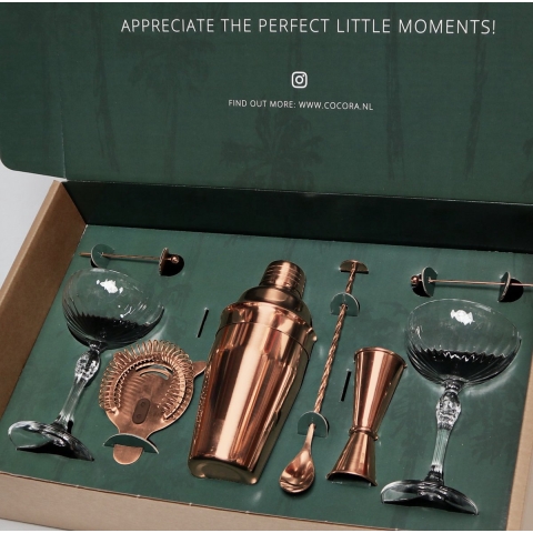 Cocora Martini Set - 9-delige RVS Cocktail Set - Cocktail Shaker - Martini Coupe Glazen - Cocktail Boek - Luxe Cadeauverpakking - Kerstpakket - Rosé Goud