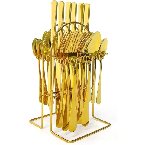 Bestekset, roestvrij staal servies set 24-delig, spiegel gepolijst roestvrij staal bestek set voor thuis keuken restaurant (goud 24 stuks)