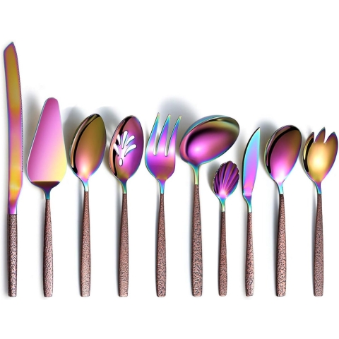 Tafelbestek 10-delig met maanoppervlak handvat en glanzende titanium coating met regenboogkop, gekleurde serveerlepel van roestvrij staal