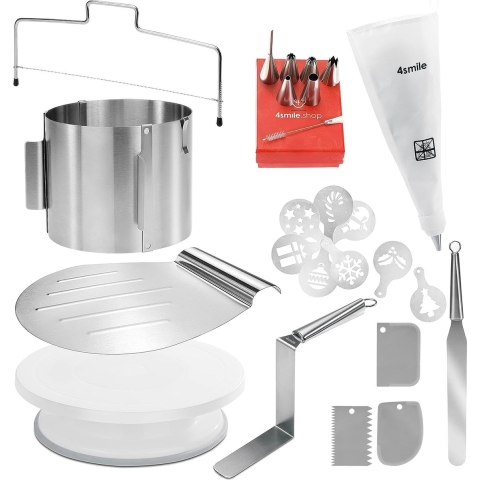 Taartaccessoireset - taartring verstelbaar hoog, taartschep, taartsnijder, schilderpalet, hoekpalet, taartplaat draaibaar, deegschraper, spuitzak, spuitmondenset, taartsjablonen