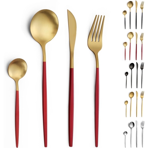 bestekset, 24-delige bestekset 6 personen, roestvrijstalen bestekset, bestek goud en rood mat, besteksets, bestek met mes, vork, lepel, vaatwasmachinebestendig