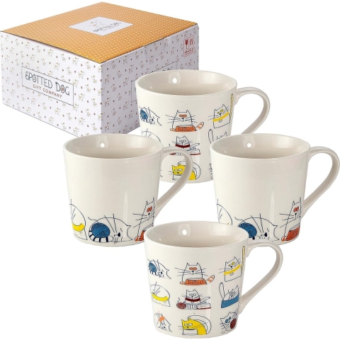 Koffiemokken met grappige kattenmotieven - koffiemok van keramiek - cadeau voor kattenliefhebbers - groot - set van 4