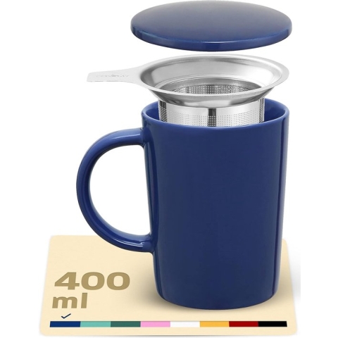Theemok met zeef en deksel - keramiek blauw - houdt lang warm - 400 ml groot - vaatwasmachinebestendig