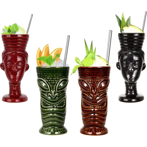 Tiki Mugs Tiki-koppen Tiki Mok Tiki Mugs Cocktailbeker Hawaii Cocktailglazen Tiki Bar accessoires Tiki kopjes drankjes mokken Hawaiian Party Barware,Q2
