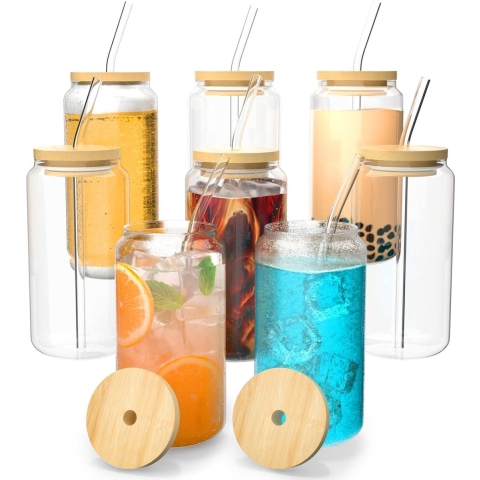 Set van 8 drinkbekers met deksel en rietje van glas, set van 8 cocktailglazen, 16 oz/450 ml ijskoffieglazen, longdrinkglas met 2 schoonmaakborstels voor bubble tea, whiskey, cocktail, bier.