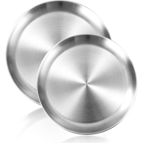 Rond servies van roestvrij staal, pizzabak, 2 stuks, roestvrijstalen platen, plaatsplaten, pizzabakplaat, serveerplaat, grillplaat, gemakkelijk schoon te maken, voor buiten, kamperen, picknicken, thuisfeest