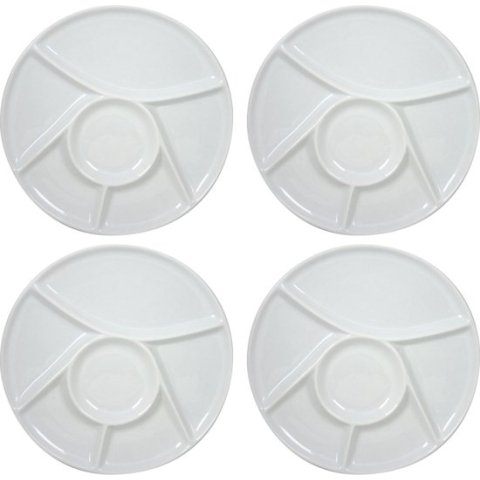 6x stuks fondue/gourmet bord/barbecuebord/gourmetbord met vakjes rond wit porselein 23 cm