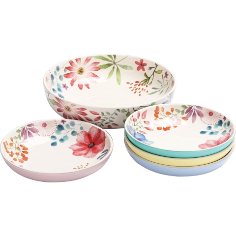 Flower Carnival keramische pastakommen, set van 5 (1 stuk 6330 ml, 4 stuks 1035 ml), voor pasta, salade, magnetron en vaatwasmachinebestendig