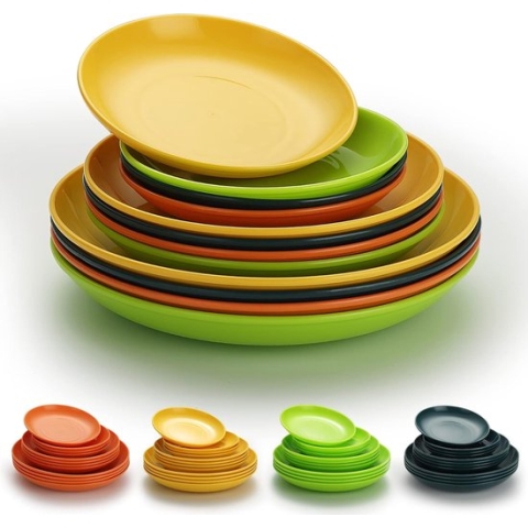 Plastic borden Set van 12 stuks, dinerborden 3 maten 15,5/19,5/23,5 cm Onbreekbare herbruikbare gerechten voor alle doeleinden en alle leeftijden, magnetronbestendig, BPA-vrij