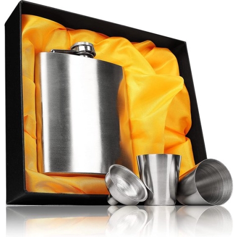 Hoogwaardige roestvrijstalen heupfles met trechter en twee kopjes/tamper/stamerpl in een mooie geschenkdoos met heupfles drinkfles - Ganzoo Chutney Deksel 8oz Heupfles Set