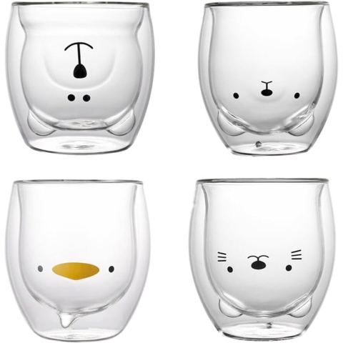 Dubbelwandige glazen Beerbeker Schattige theeglazen 250 ml, set van 4 Dubbelwandige koffieglazen Geïsoleerd glas Espressokop Mok Verjaardagscadeau Kinderbeker als cadeauset (Vier dierenmotief)