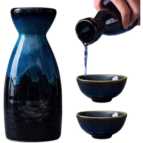 Kungfu Thee, 3 stuks keramische bekers, blauwe sake set, porseleinen bakje voor thuis hete of koude sake