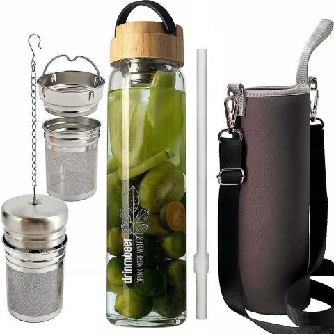 1 liter drinkfles glas met bamboe deksel en hoes voor losse thee, Cold Brew Coffee, theefles met zeef om mee te nemen, glazen waterfles 1 l (origineel)