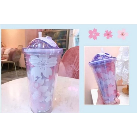 Leuke waterfles met rietje en deksel, glitter dubbelwandige waterfles met rietje Kawaii Cup kersenbloesems waterfles Kawaii kopjes voor geschenken