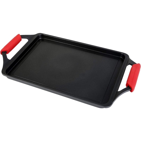 ! Ecostone Grill Plate, Induction Griddle Pan, 37 x 25 cm, Cast Aluminium, Non-Stick Coating Xtra Dupont Ecological, PFOA-Free, 5 mm Thickness, Silicone Handles, Vitro Ceramic, Gas, Oven, Black