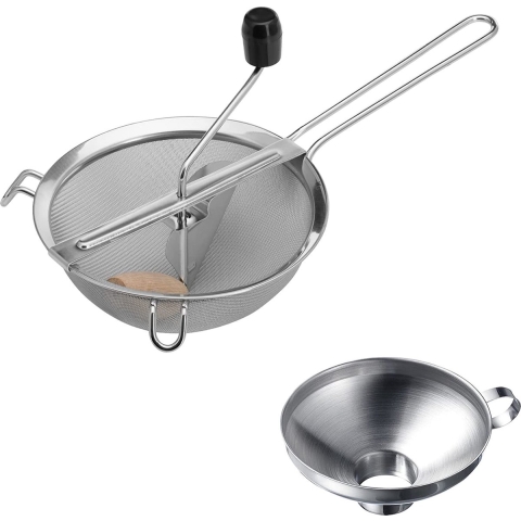 Conserveringsset, 1 Zeef / Passe-vite + 1 conserverings - / Jamtrechter met lange Vulmondstuk, Roestvrij Staal/Hout, Cheeky Fruit, Zilver/Zwart, 119822e6