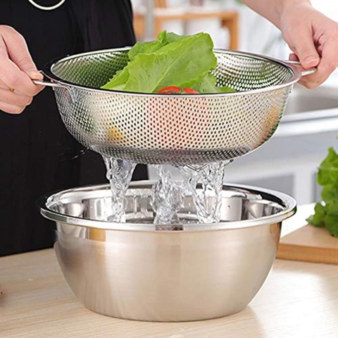 Zeef, roestvrijstalen keukenzeef, pastazeef, set van 3 met handvat, microgeperforeerd afdruiprek voor het afvoeren en afspoelen voor keuken, pasta, groenten, fruit, rijst, vaatwasmachinebestendig, (16/22/28 cm)