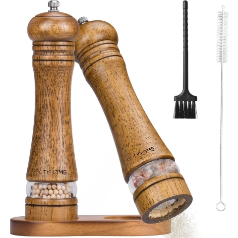 Zout- en pepermolen, hout, pepermolens, set van 2, verstelbare grofheid, keramische molen met onderzetter en transparant venster, 2 borstels voor verschillende specerijen (21 cm)