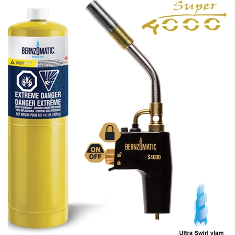 Bernzomatic SUPER4000 SET Premium gasbrander met piëzo en “Ultra Swirl” vlam zonder regelknop - voor oa "sous vide" / hardsolderen en krimpen - inclusief 1 PRO/MAX wegwerpcilinder - Kamado - Green Egg aansteker