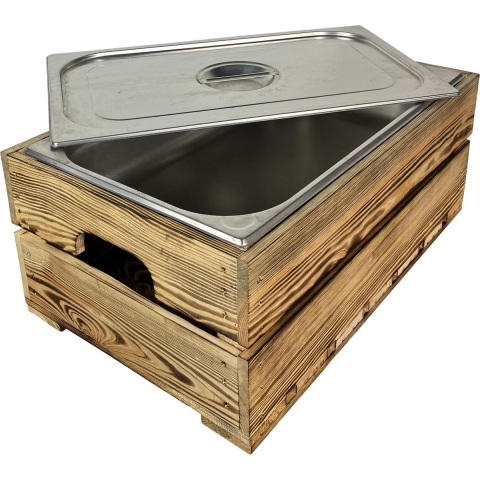 Houten kist. Gebrand (set van drie kisten) Van zeer stevige kwaliteit. - (geschikt voor binnenbak chafing dish - Gastronormbak GN 1/1 , ook de buitenbak/waterbak past in dit model kist )