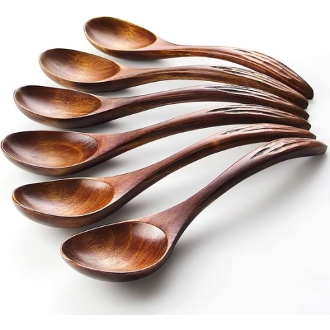 Houten Lepels Lepelset 6-delige Soeplepels in Japanse stijl Natuurlijke lepels Houten keukengerei Koffie Thee Honing Natuurlijke lepels Houten keukenaccessoires