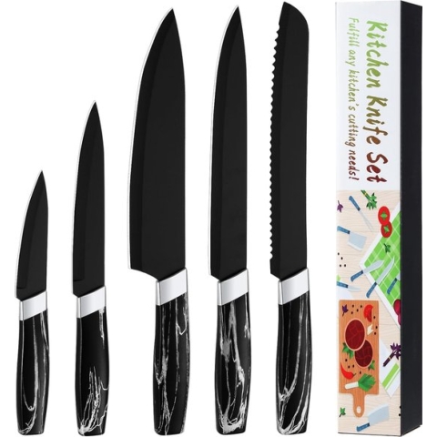 Messenset, Zwart Scherp Roestvrijstalen Keukenmessenset, 5 Stuks Chef's Messenset inclusief Chef's Mes, Groentemes, Schilmes, Snijmes en Broodmes, Vaatwasmachinebestendige Messenset.